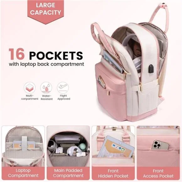 Laptop Backpack for Women 15.6 Inch, Pink - Picture 2 of 7
